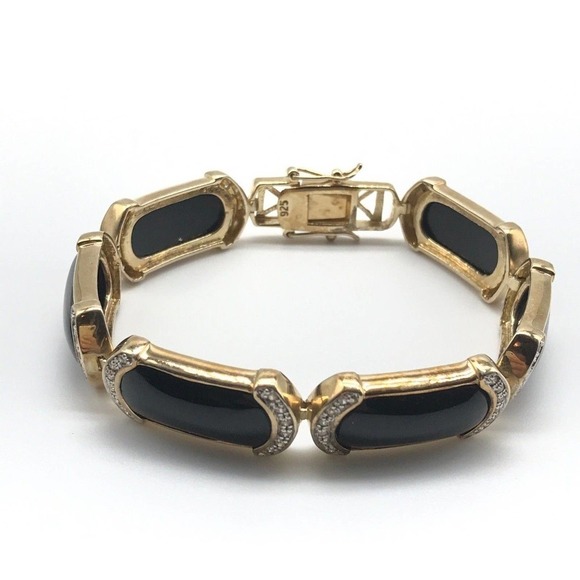 SETA 925 Sterling Silver Gold Plated Vermeil Black Panel Clear CZ Bracelet 7.25" - Picture 1 of 7